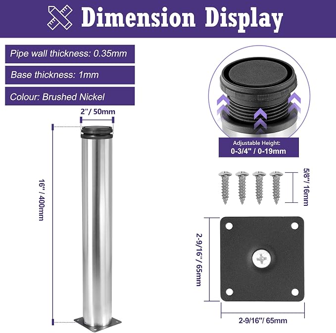 16 Inch Metal Furniture Legs Stainless Steel Adjustable Legs Silver Metal Legs - Image 5