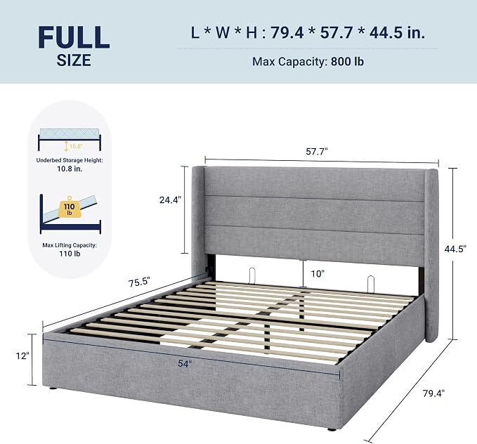 Allewie Full Size Lift Up Storage Bed, Modern Wingback Headboard, Hydraulic - Image 2
