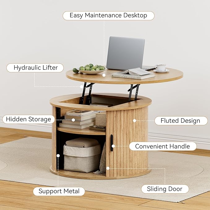 FABATO Round Lift Top Coffee Table, Fluted Wood Accent Coffee Table - Image 4