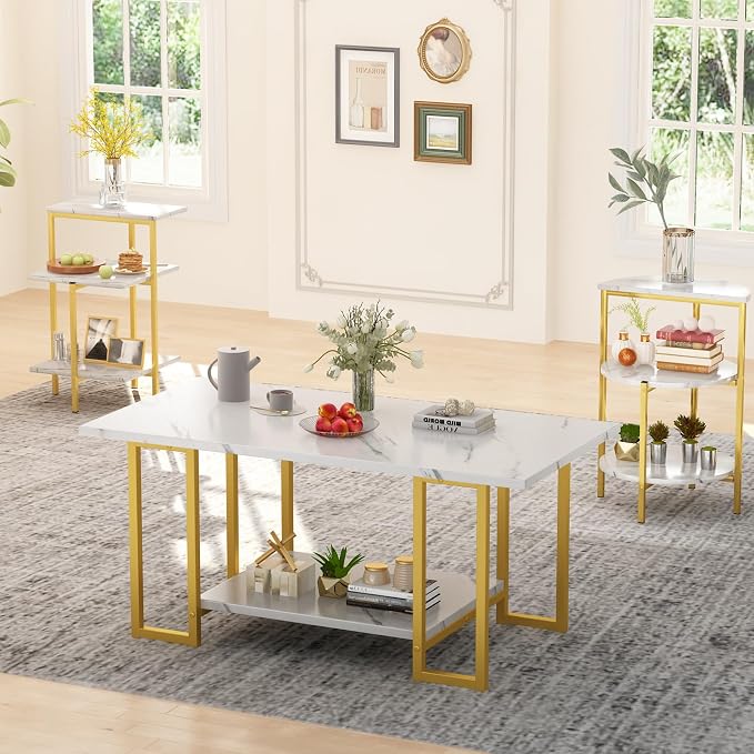 AWQM Faux Marble Table Set, Coffee Table & 2 Side Table, Faux Marble Tabletop - Image 3