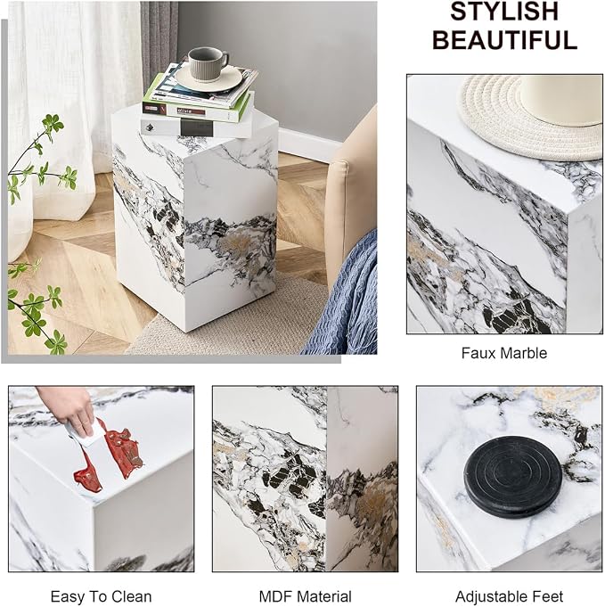 End Table, Side Table Living Room Table, Faux Marble Sofa Couch White Bedside - Image 4