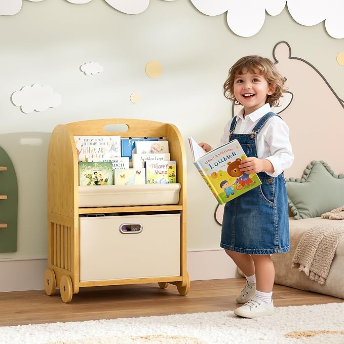 2-Sided, 3-Tier Bamboo Kids Bookshelf, Montessori Shelf - Image 7