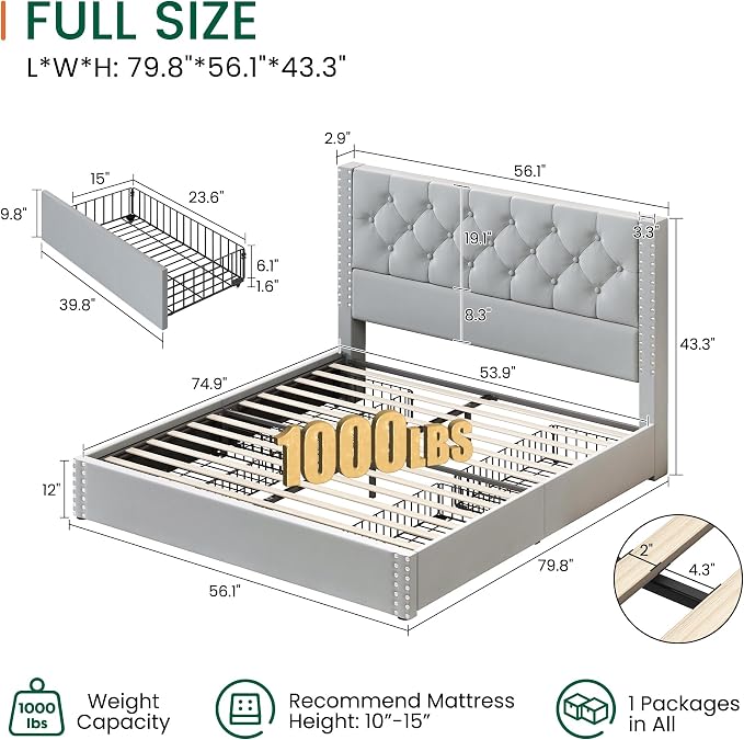 LARMACE Full Size Bed Frame Upholstered Platform Bed - Image 2