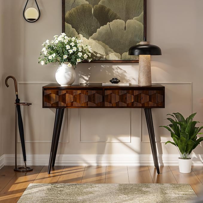 Bme Console Modern Mid-Century 2 Drawers, Unique Geometric Design Sofa Table - Image 5