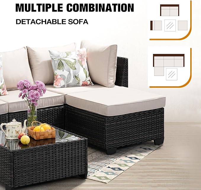 JOYURE 5 Pieces Patio Furniture Set All-Weather Outdoor Wicker Sectional - Image 7