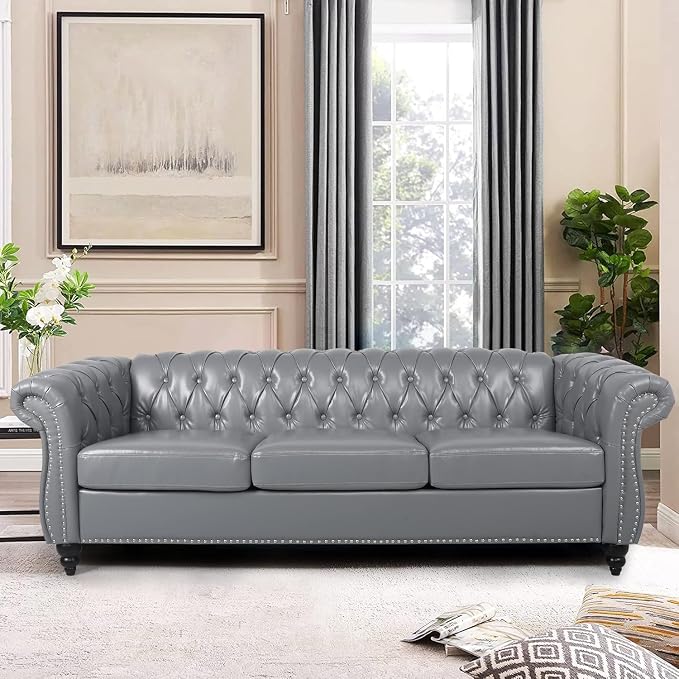 AVZEAR Chesterfield Leather Sofa 3 Seater Couch, Mid-Century Large Sofa Roll - Image 6