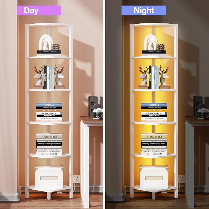 TUTOTAK Corner Shelf with LED Light, 6-Tier Corner Bookshelf - Image 5