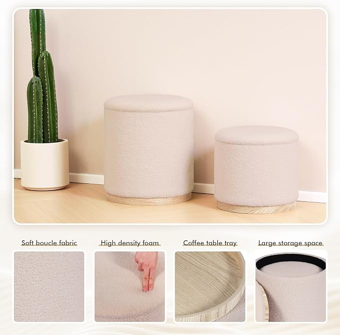 PINPLUS Round Ottoman with Storage Set of 2, Vanity Stool with Storage - Image 3