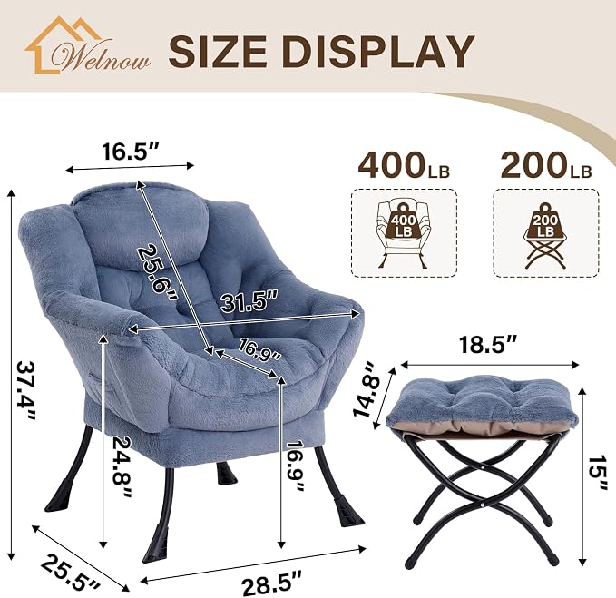 Welnow Lazy Chair with Ottoman, Modern Accent Chair with Armrests and a Side - Image 3