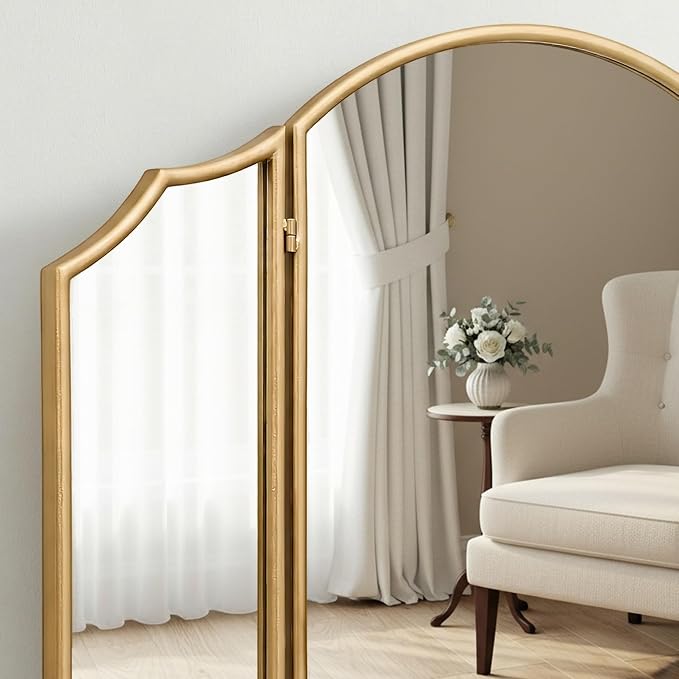 Besdomus Gold Scalloped Vanity Mirror: 36"x24" Large Modern Three Sided Dresser - Image 5