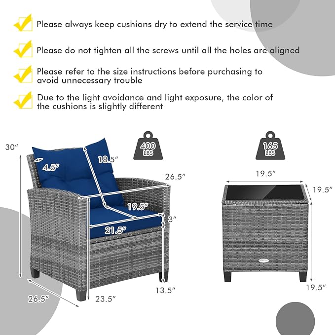 HAPPYGRILL 3 Pieces Patio Conversation Set, Outdoor Furniture Set PE Rattan - Image 7