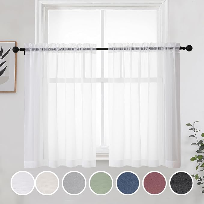 Short White Sheer Curtains 36 Inches 2 Panels Set by OWENIE