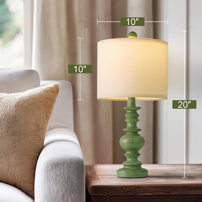 BOBOMOMO 20" Sage Green Table Lamps Set of 2 – Farmhouse Resin Bedside Lamps - Image 4