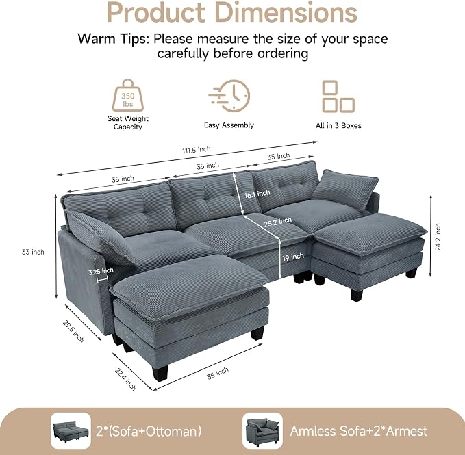 Amsleekey Modular Sectional Sofa, 111.5" U-Shaped Corduroy Comfy Sectional - Image 2