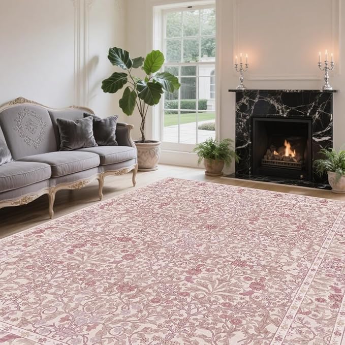 Vintage Pink Living Room Rug, 6x9 Washable Area Rugs by Unknown