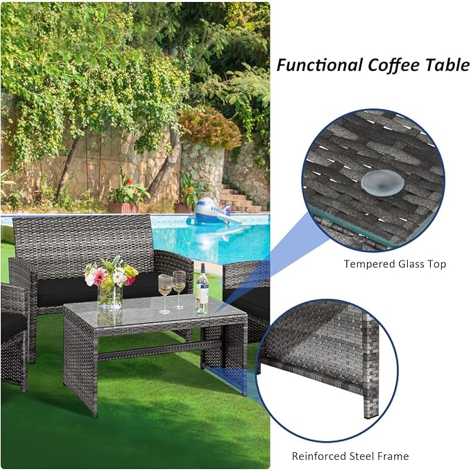 Tangkula 4 PCS Wicker Patio Conversation Set, Outdoor Rattan Sofas - Image 7