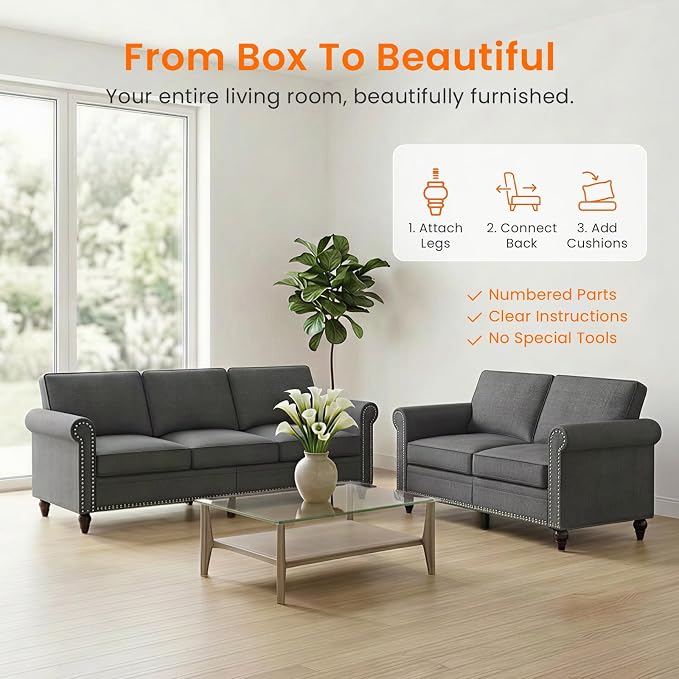 Living Room Sofa Sets 2 Piece, Modern 3 Seater Sofa and Loveseat Couch Sets - Image 6