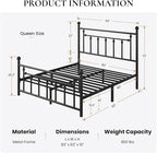 SHA CERLIN 14" Queen Size Metal Platform Bed Frame/Victorian Headboard and - Image 2