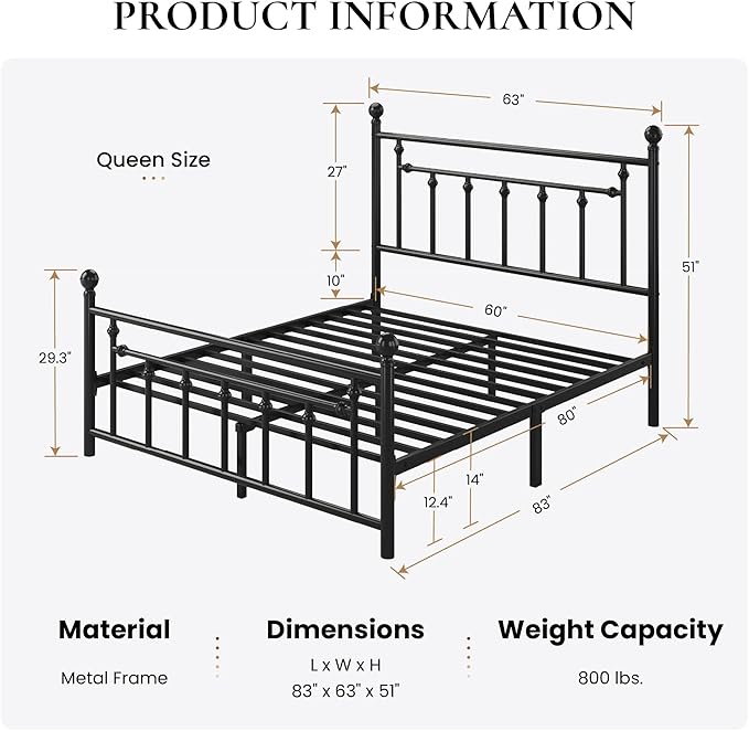 SHA CERLIN 14" Queen Size Metal Platform Bed Frame/Victorian Headboard and - Image 2
