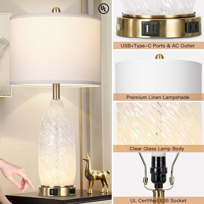 Rinweey 26" Modern Clear Glass Table Lamps Set of 2, Nightstand Lamp - Image 2