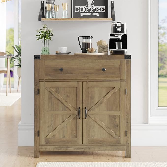 HOSTACK Coffee Bar Cabinet, Kitchen Storage Cabinet, Modern Farmhouse Buffet - Image 4