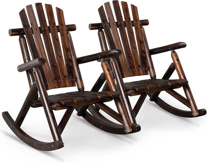 Outvita Wooden Rocking Chair Set of 2, Fir Log Adirondack Rocker, Outdoor Wood by Outvita