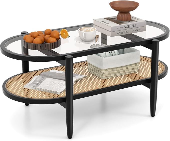 Giantex Rattan Coffee Table, 2-Tier Oval Wood Tea Table - Image 3