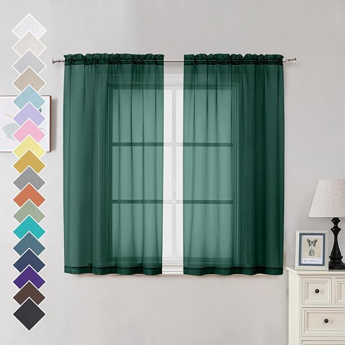 Hunter Green Sheer Curtains 54 Inches Long 2 Panels by OVZME