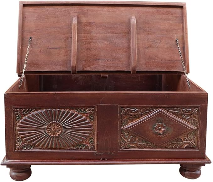 18 Inch Tall Vintage Trunk Storage Coffee Table | Rectangle Solid Wood Chest - Image 6