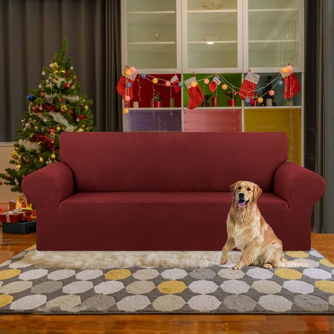 Stretch Couch Covers for Sofa, 3 Cushion Couch Slipcover, Dark Red | 1-Piece - Image 2