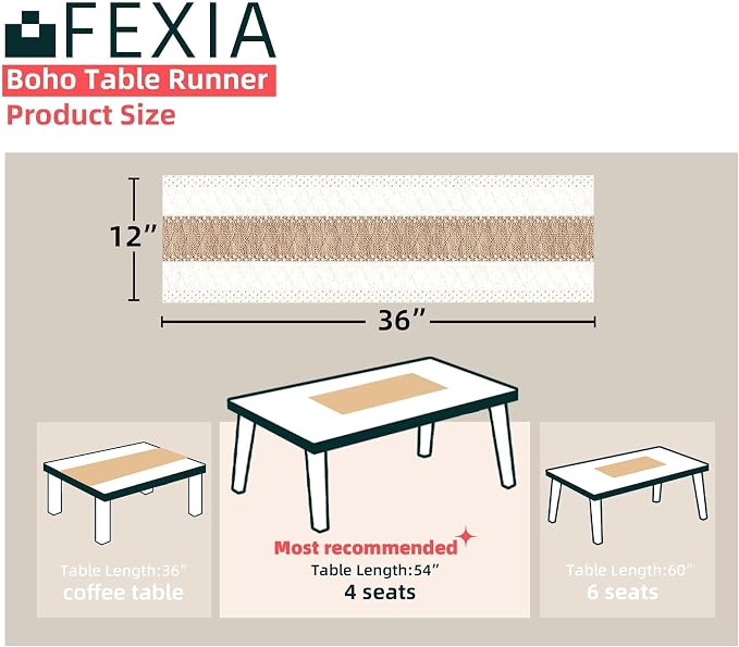 FEXIA Boho Table Runner for Home Coffee Decor 36 Inches Long Farmhouse Rustic - Image 2