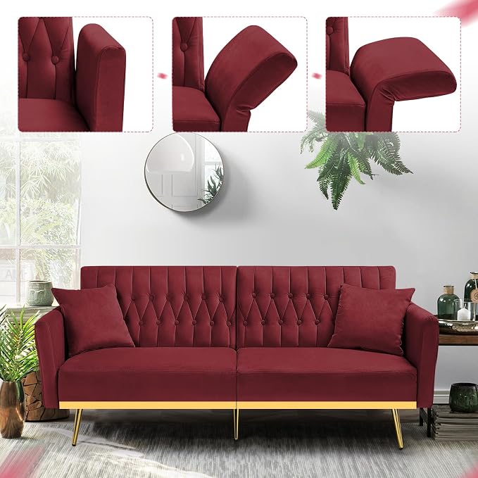 70” Velvet Futon Sofa Bed with 2 Pillows and Adjustable Armrests, Convertible - Image 5