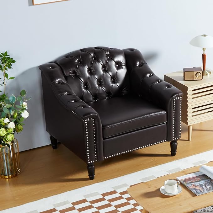 LEVNARY Chesterfield Chair Leather, Upholstered Sofa Chair - Image 3