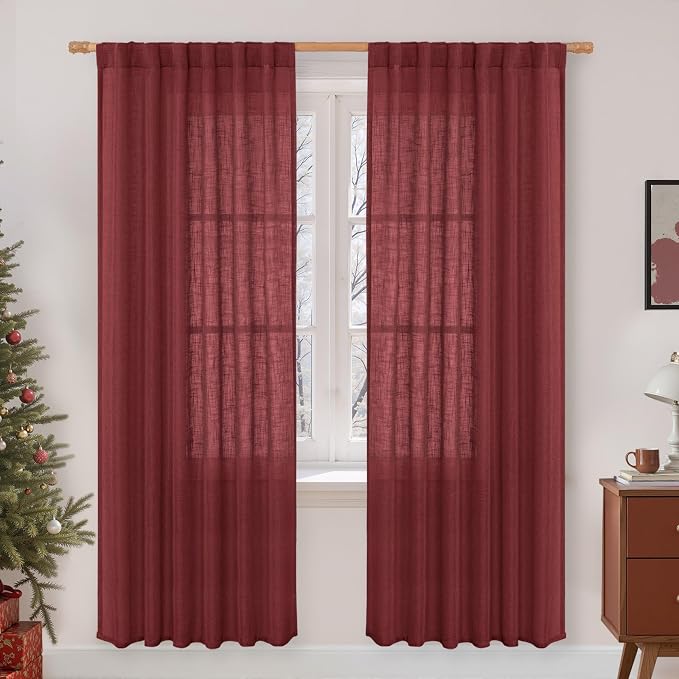 Burgundy Red Sheer Linen Curtains, Light Filtering Drapes 2 Panels | Semi Sheer by LAMIT