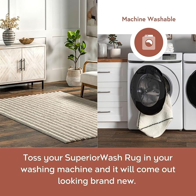 nuLOOM Kai Beige Striped Washable Area Rug - Image 3