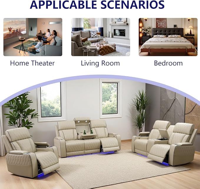 Power Recliner Sofa Set, Leather Reclining Couch & Chair Set, Living Room - Image 8