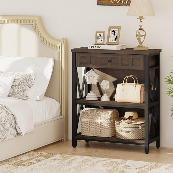 FATORRI Small Bookcase with Drawer, Industrial 3 Shelf Bookshelf, Wood and - Image 6
