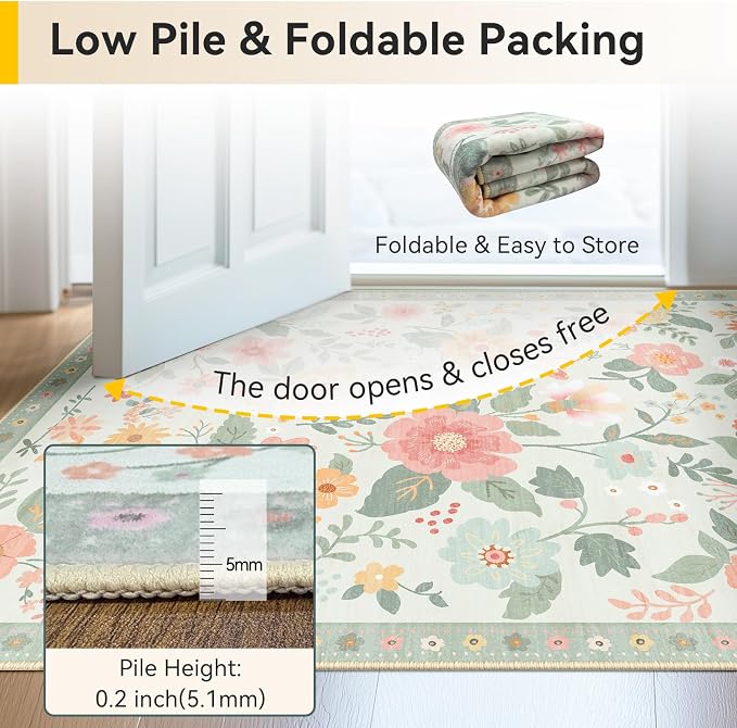RELEANY Floral Washable 5x7 Area Rugs Beige/Green | Flower Carpet Print Boho - Image 4