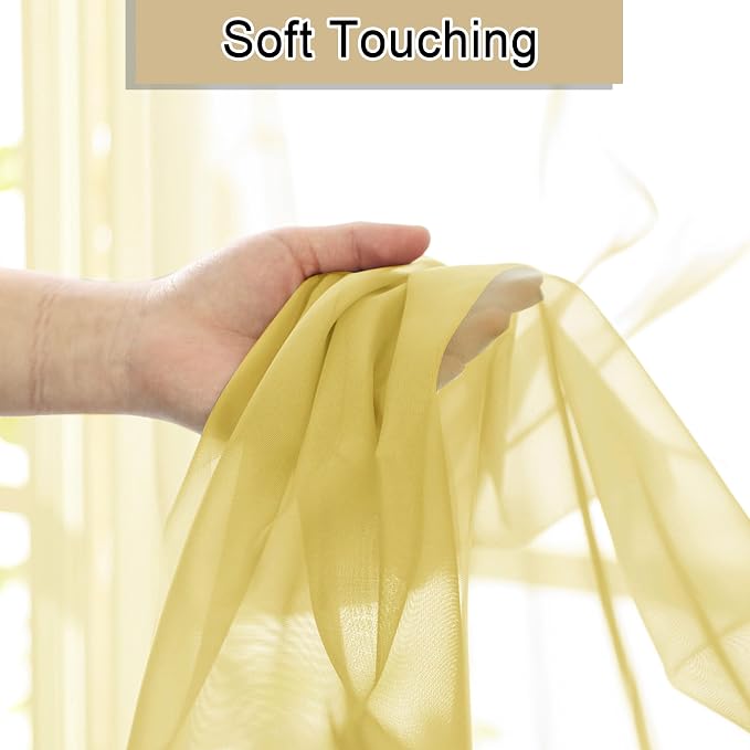 Yellow Sheer Curtains 63 Inch Length 2 Panels, Light Filtering Voile Curtain - Image 4