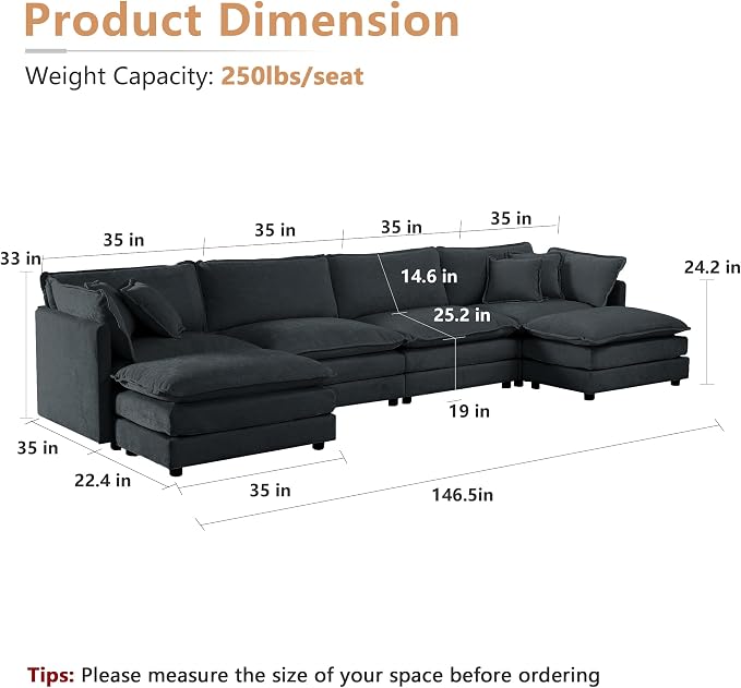 mikibama Modular Sectional Sofa, 146.5 Inch U Shaped Couch Set - Image 2
