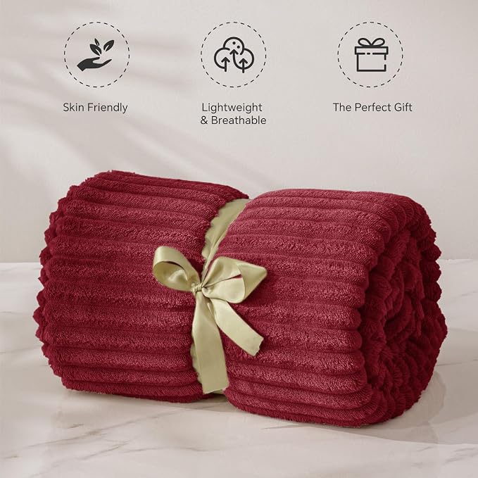 BEDELITE 3D Ribbed Burgundy Fleece Throw Blanket - Image 4