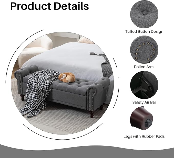 SOFTHION 58.1" Storage Bench Upholstered Linen End of Bedroom Bed Bench Ottoman - Image 4
