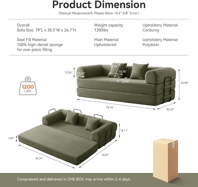 Sleeper Sofa, Comfy Convertible Folding Couch-Futon-Corduroy Fabric Sleeper - Image 2