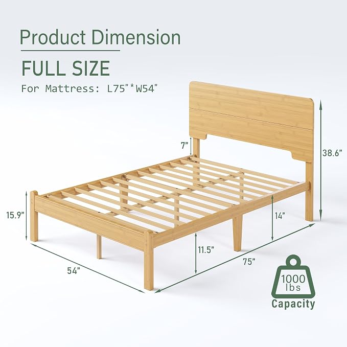 BOSRII 14in High Solid Bamboo Wood Platform Full Size Bed Frame - Image 2