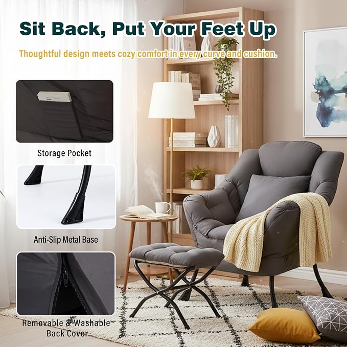 Lazy Chair with Ottoman, Large Accent Chair with Ottoman and a Throw Pillow - Image 6