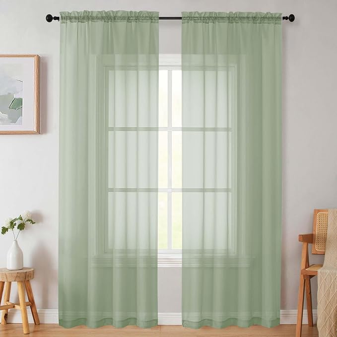 Sage Green Sheer Curtains for Bedroom Living Room 90 Inches Long 2 Panels Set by WelvetBLK