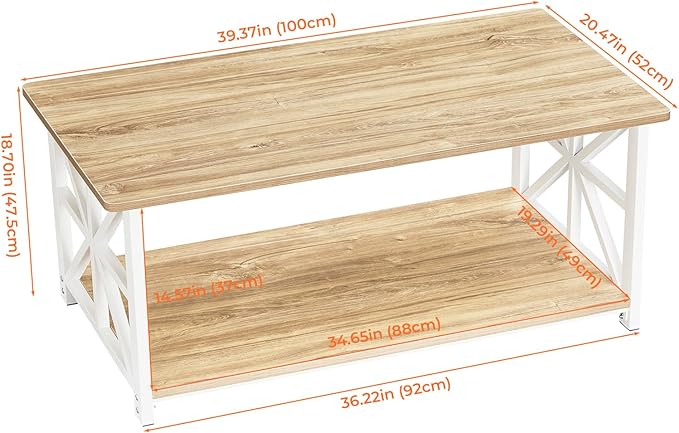 GreenForest Coffee Table with Round Corner, Farmhouse Center Table with 2-Tier - Image 3