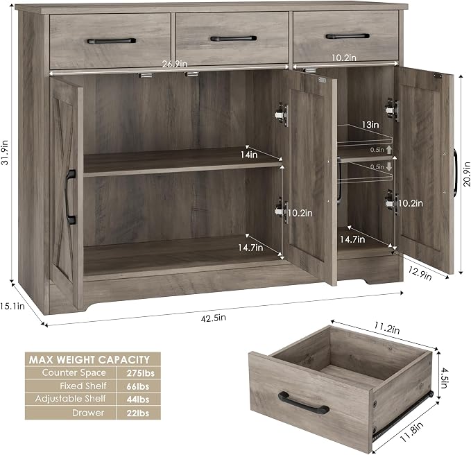 HOSTACK Modern Farmhouse Buffet Sideboard Cabinet, Barn Doors Storage Cabinet - Image 3