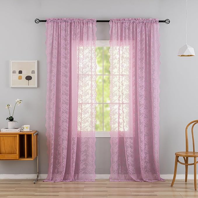 YJ YANJUN Vintage Lace Curtains 72 Inches Long-Victorian Floral Pattern Lilac - Image 2