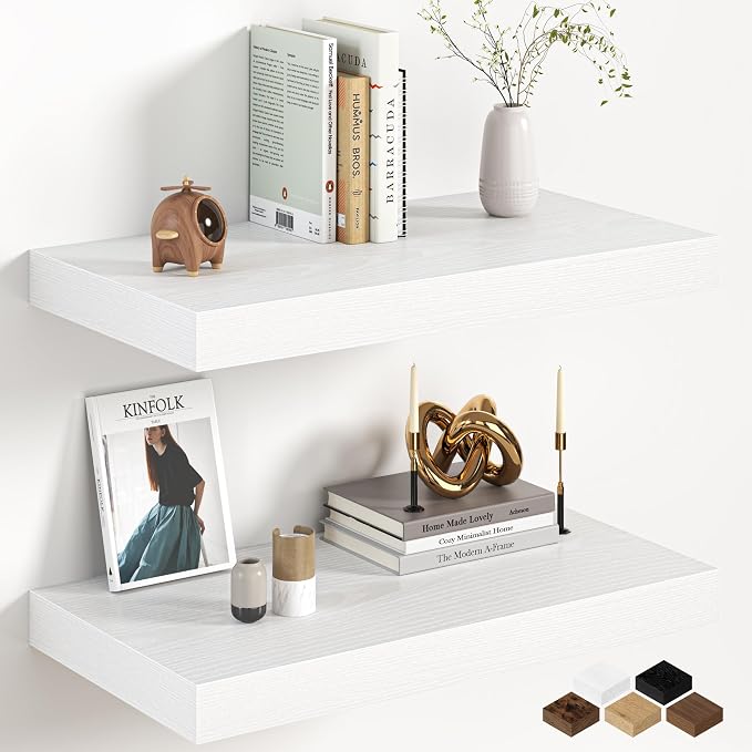 Fun Memories 12 Inch Deep White Floating Shelf, 24 x 12 Rustic Wood Wall Shelf by FunMemories